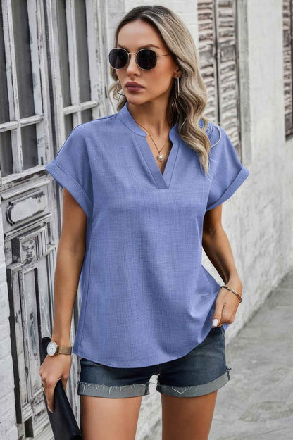 V Neck Solid Short Bat Sleeve Loose Fit Blouse