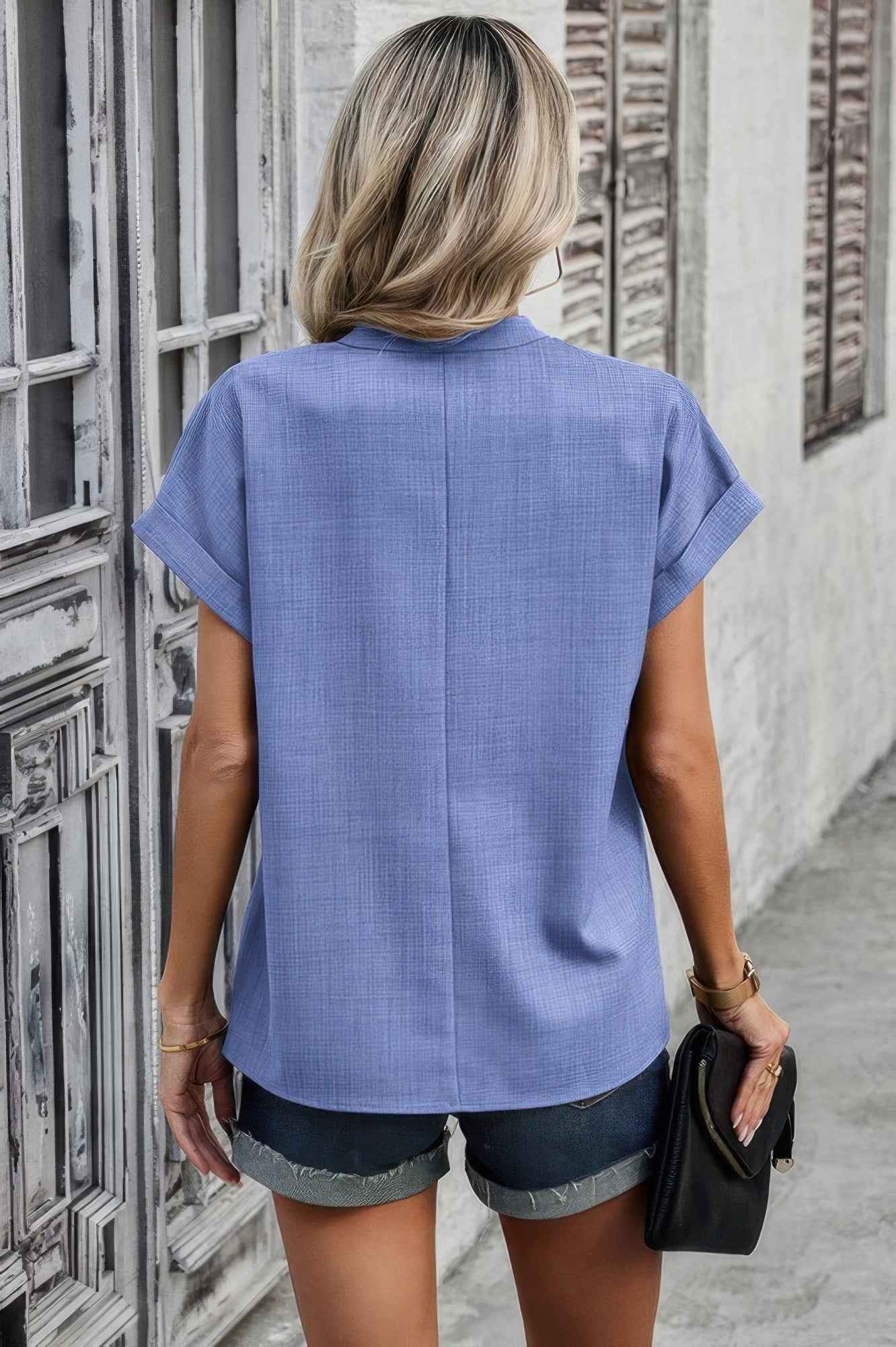 V Neck Solid Short Bat Sleeve Loose Fit Blouse