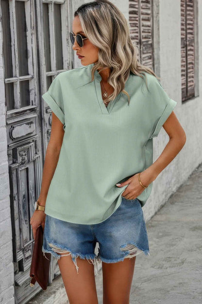 V Neck Solid Short Bat Sleeve Loose Fit Blouse