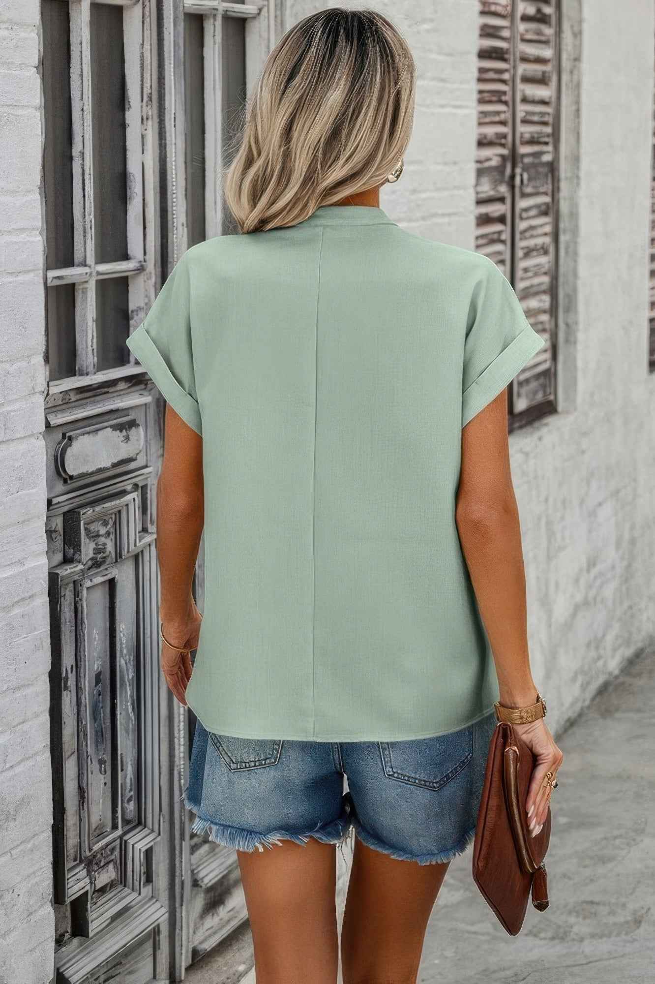 V Neck Solid Short Bat Sleeve Loose Fit Blouse
