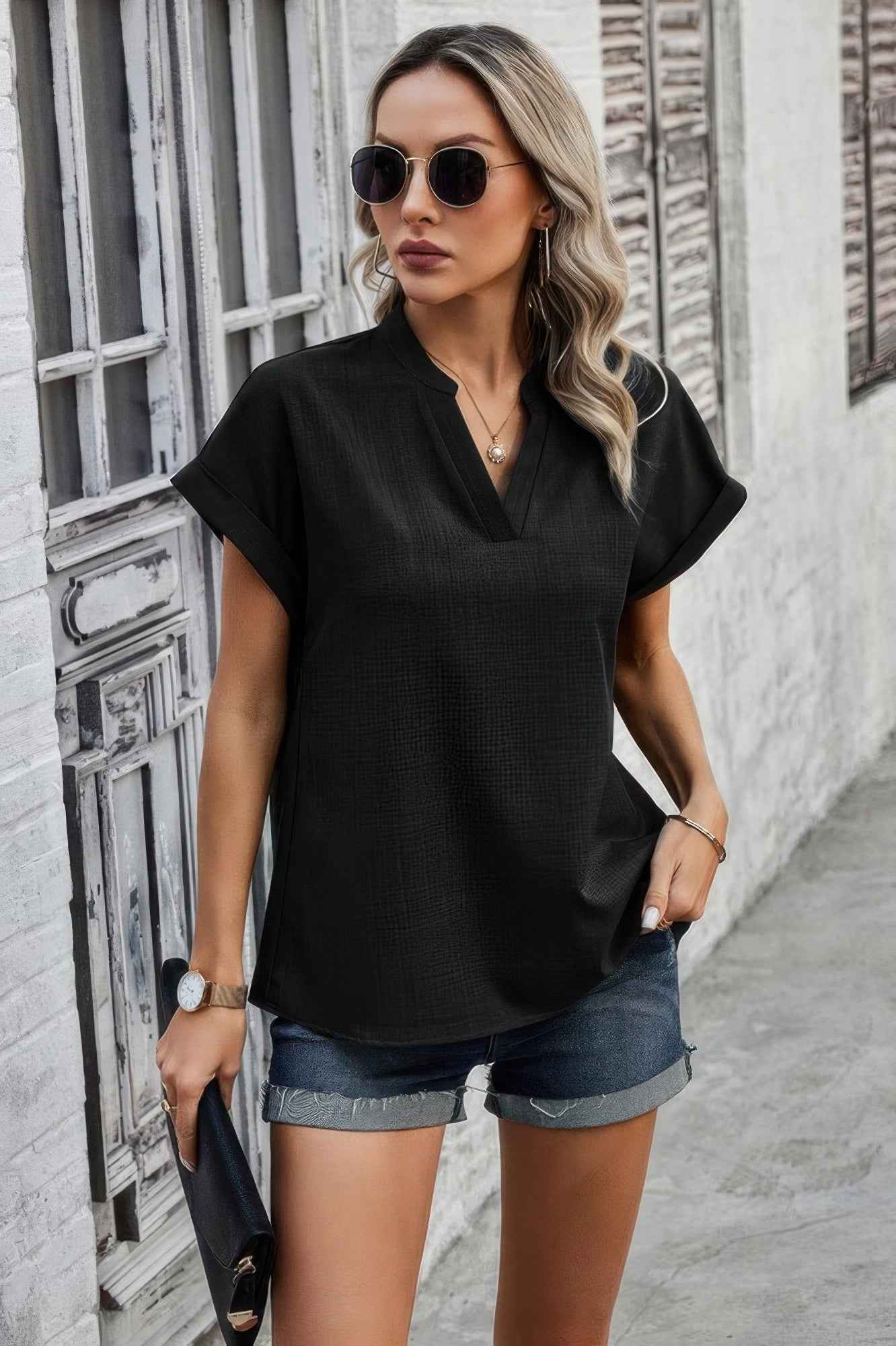 V Neck Solid Short Bat Sleeve Loose Fit Blouse