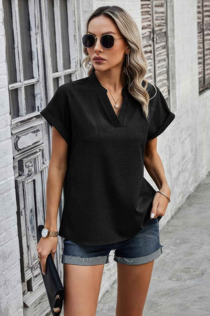 V Neck Solid Short Bat Sleeve Loose Fit Blouse