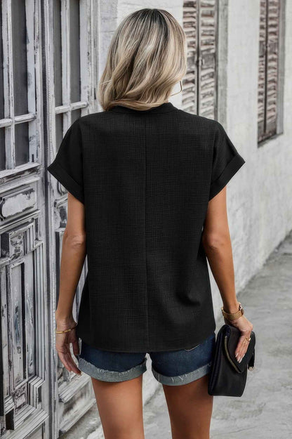 V Neck Solid Short Bat Sleeve Loose Fit Blouse