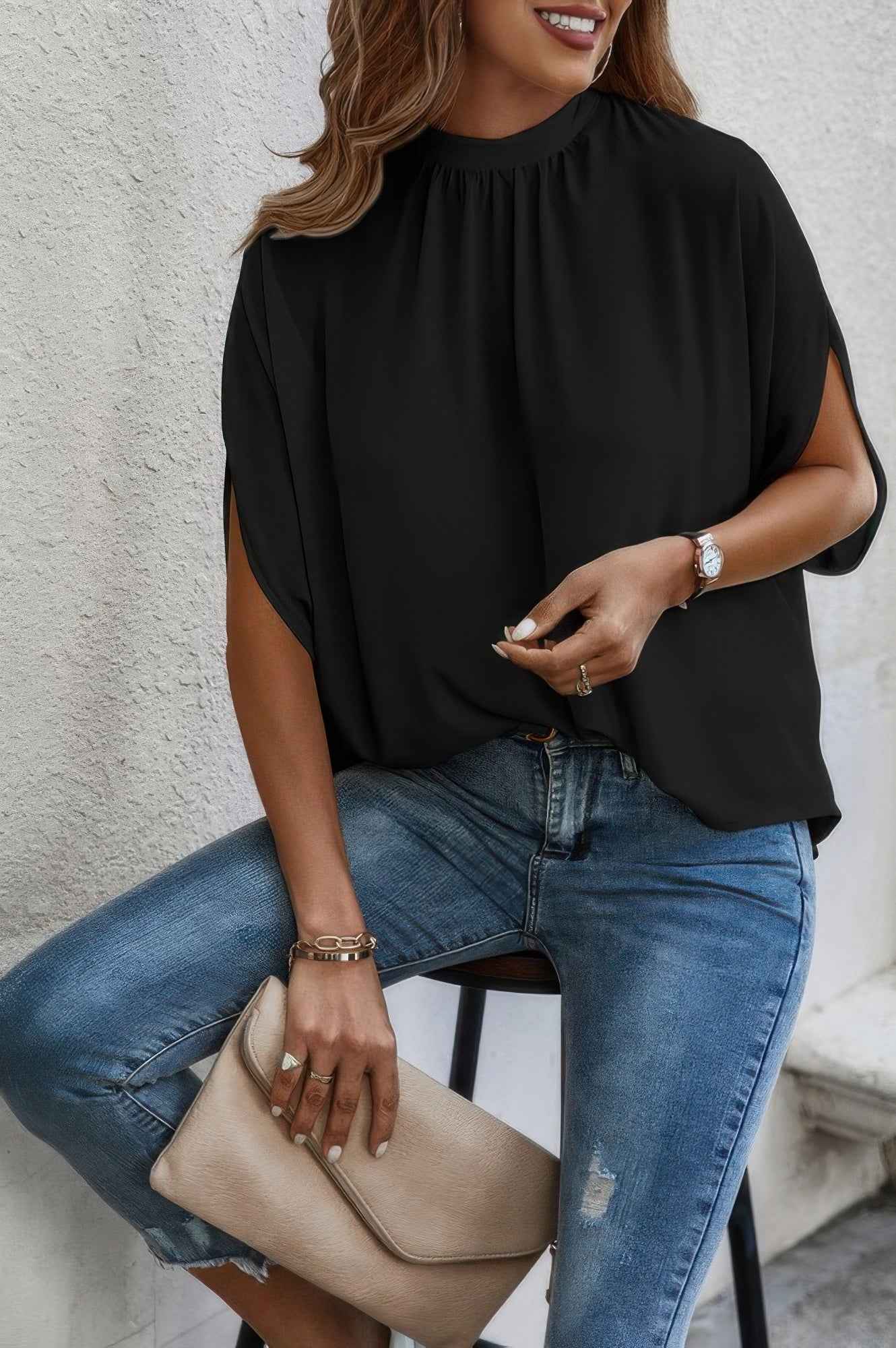 Mock Neck Batwing Sleeve Solid Loose Blouse