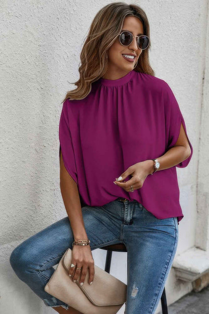 Mock Neck Batwing Sleeve Solid Loose Blouse