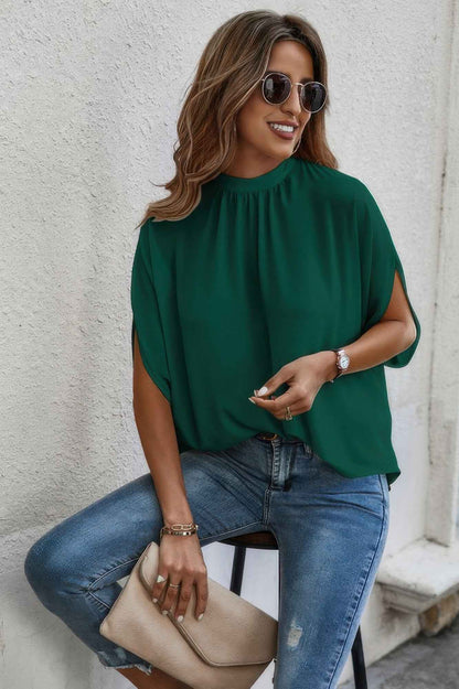 Mock Neck Batwing Sleeve Solid Loose Blouse