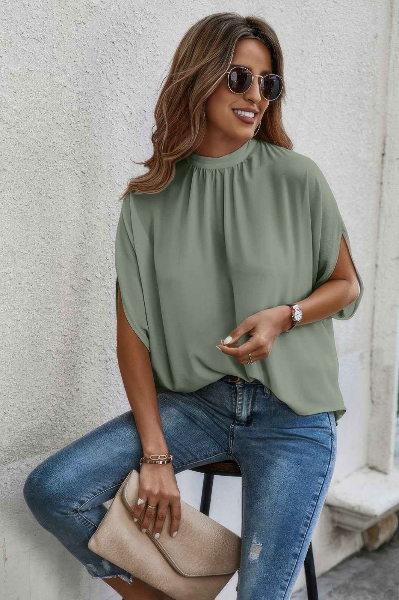 Mock Neck Batwing Sleeve Solid Loose Blouse
