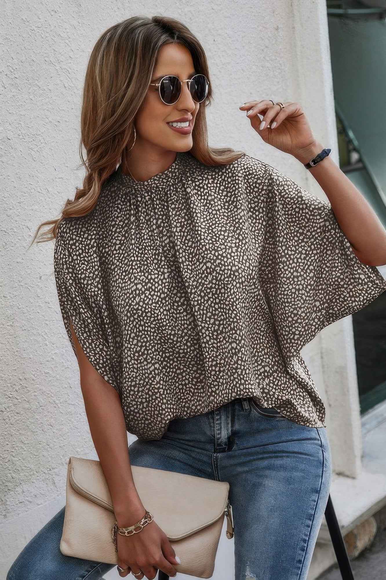 Mock Neck Batwing Sleeve Solid Loose Blouse