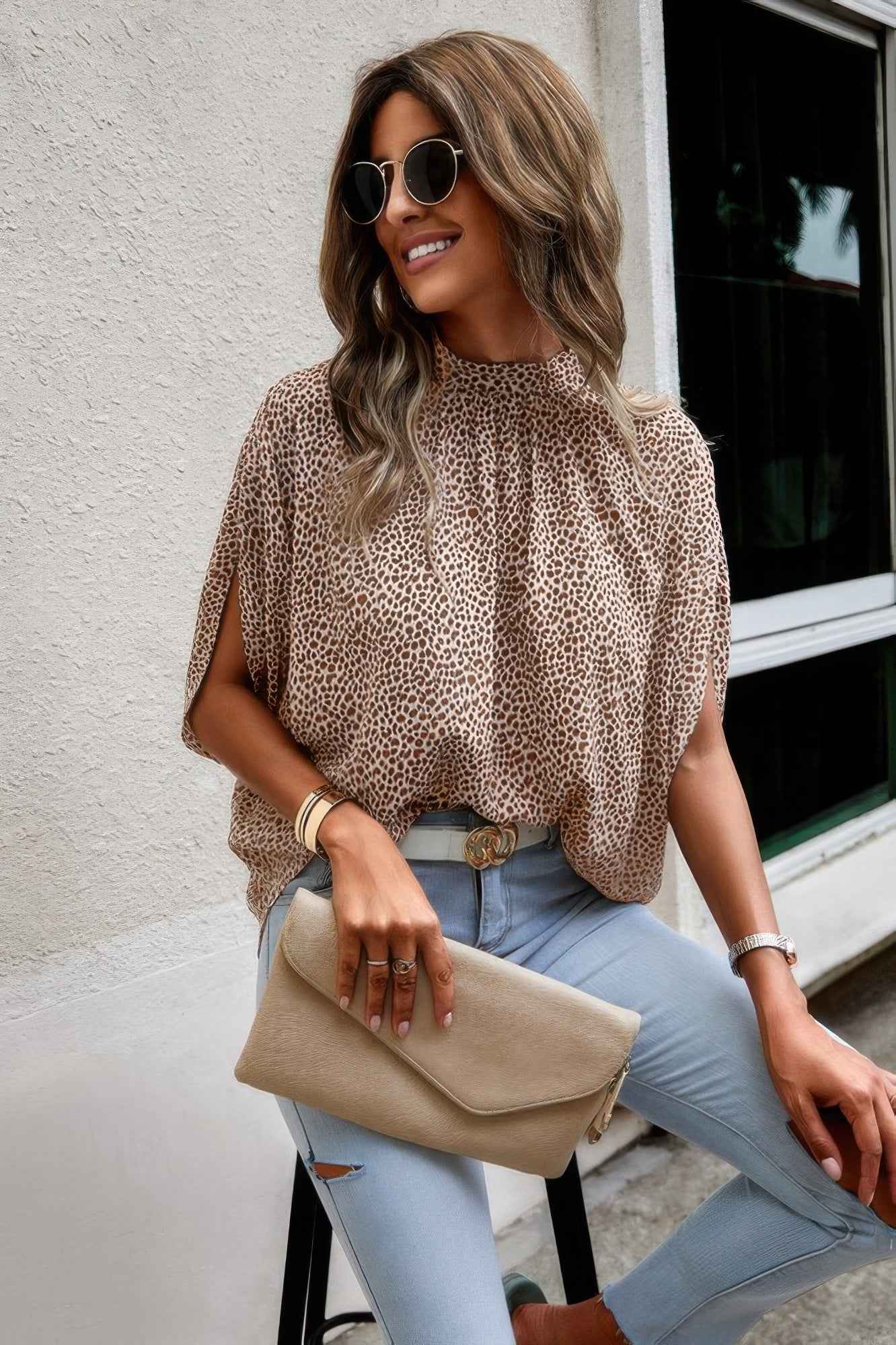 Mock Neck Batwing Sleeve Solid Loose Blouse