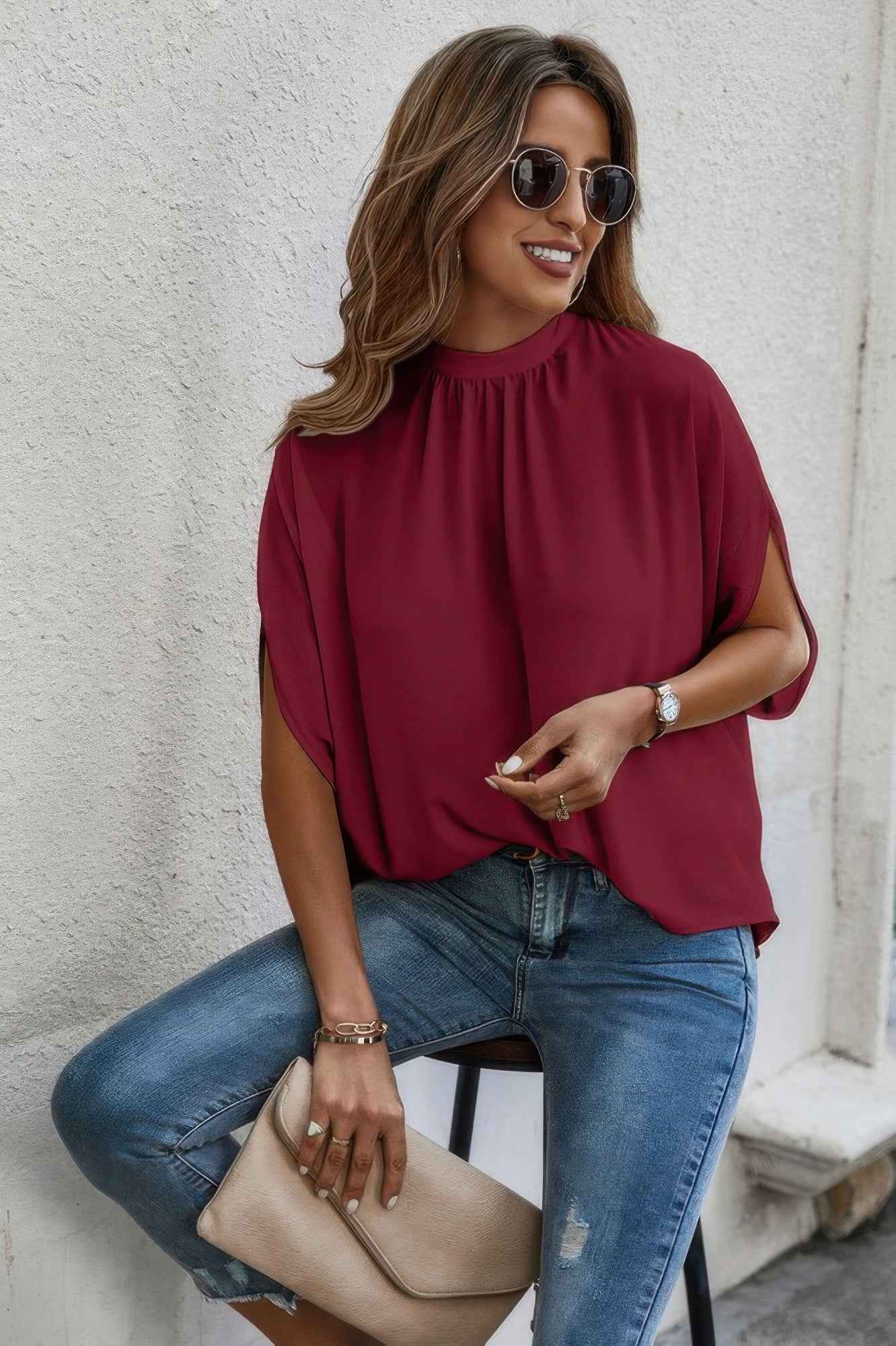 Mock Neck Batwing Sleeve Solid Loose Blouse