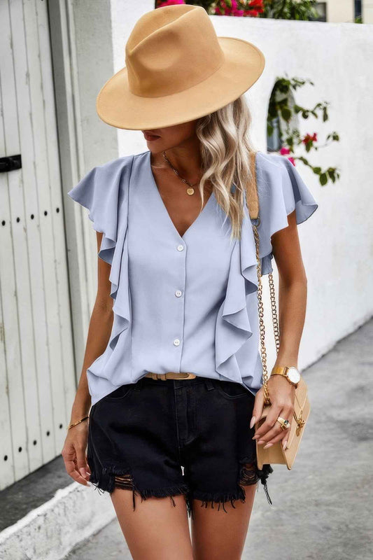 Solid Button Ruffle V Neck Fit Blouse