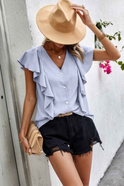 Solid Button Ruffle V Neck Fit Blouse