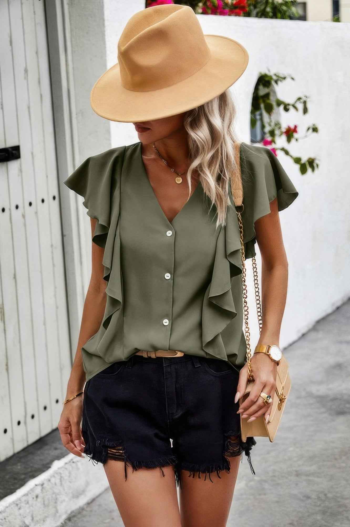 Solid Button Ruffle V Neck Fit Blouse