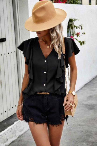 Solid Button Ruffle V Neck Fit Blouse