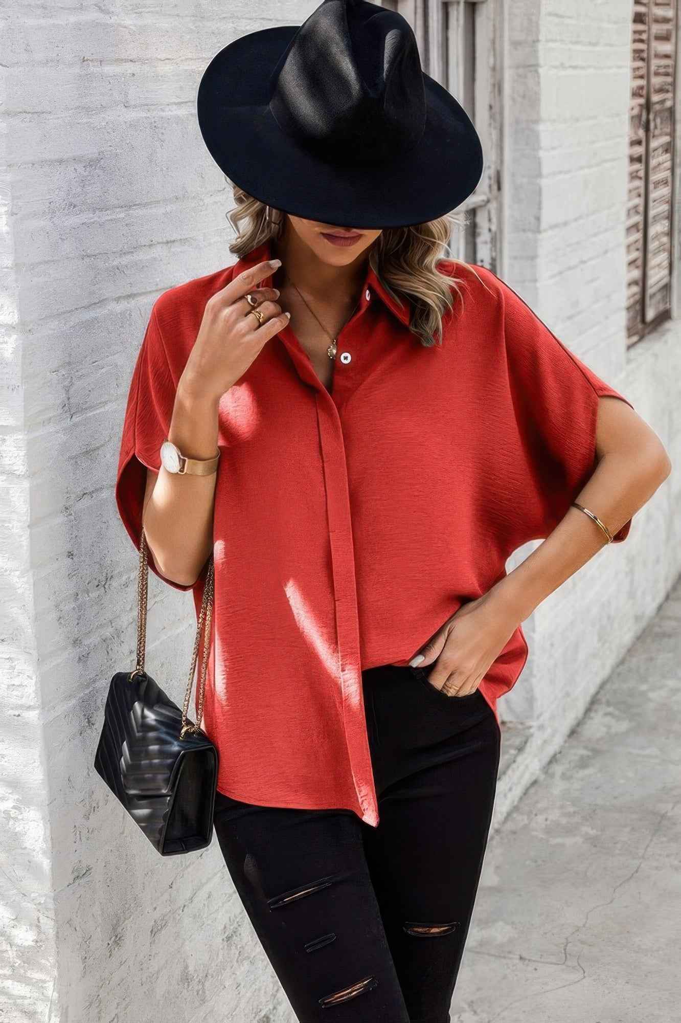 Solid Front Open Button Loose Fit Blouse