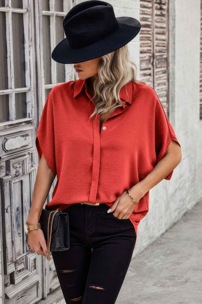Solid Front Open Button Loose Fit Blouse