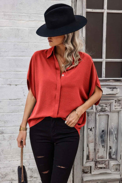 Solid Front Open Button Loose Fit Blouse