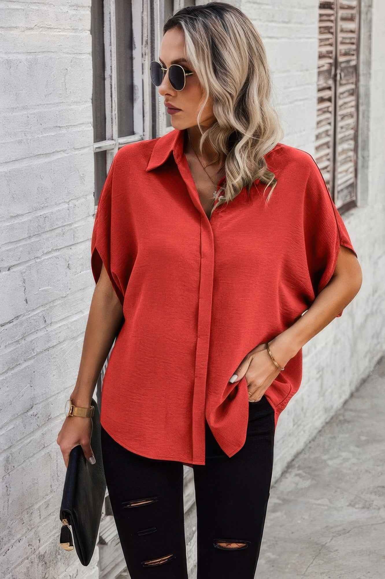 Solid Front Open Button Loose Fit Blouse