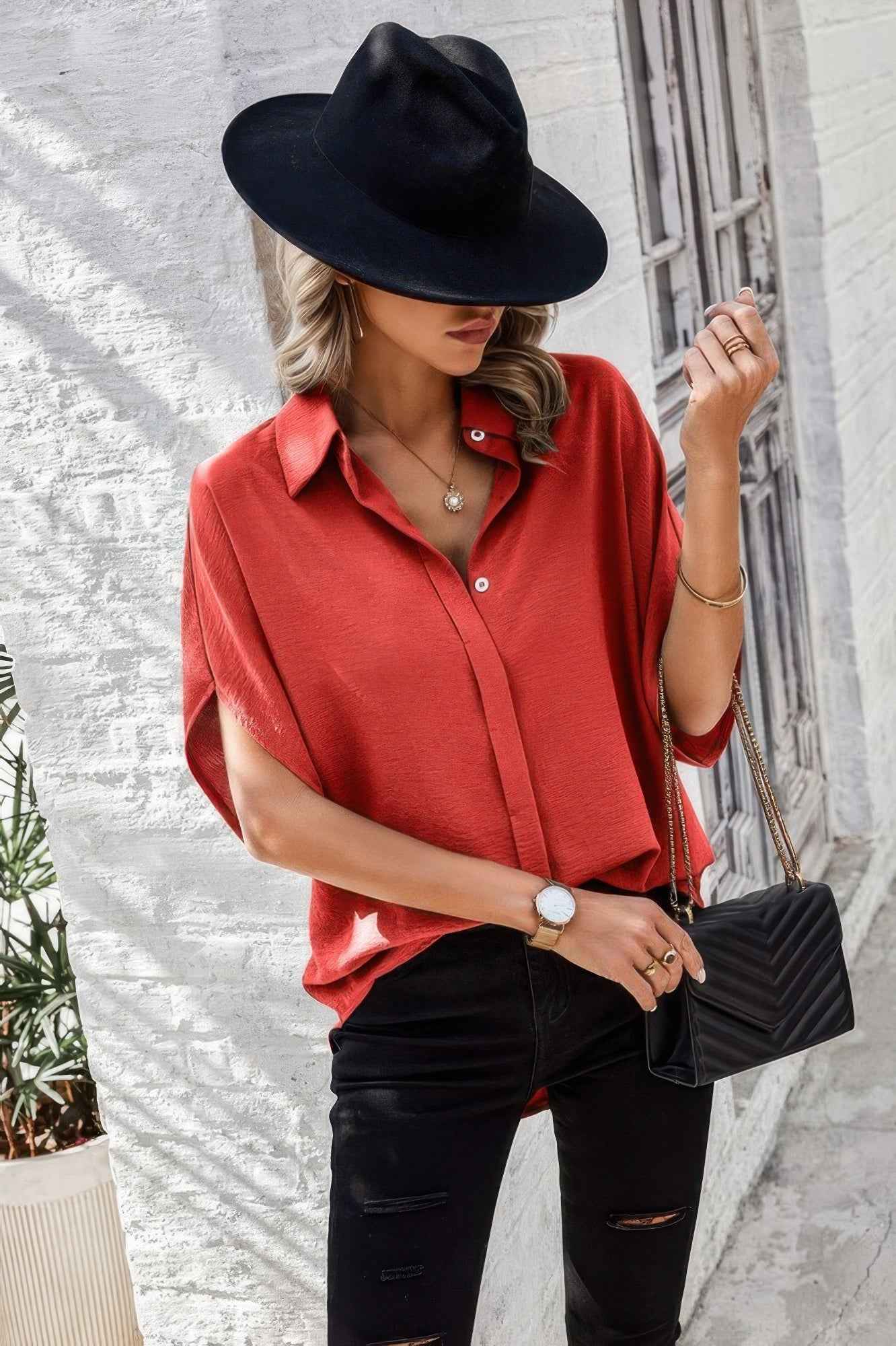 Solid Front Open Button Loose Fit Blouse