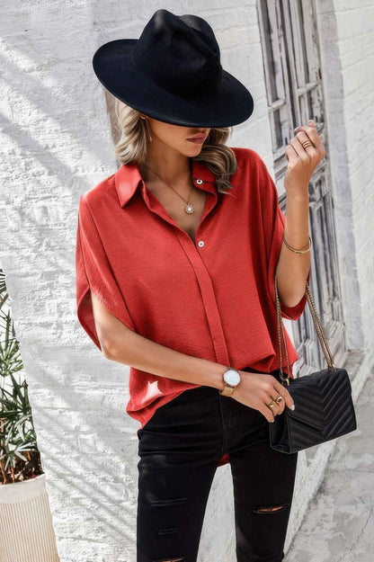 Solid Front Open Button Loose Fit Blouse