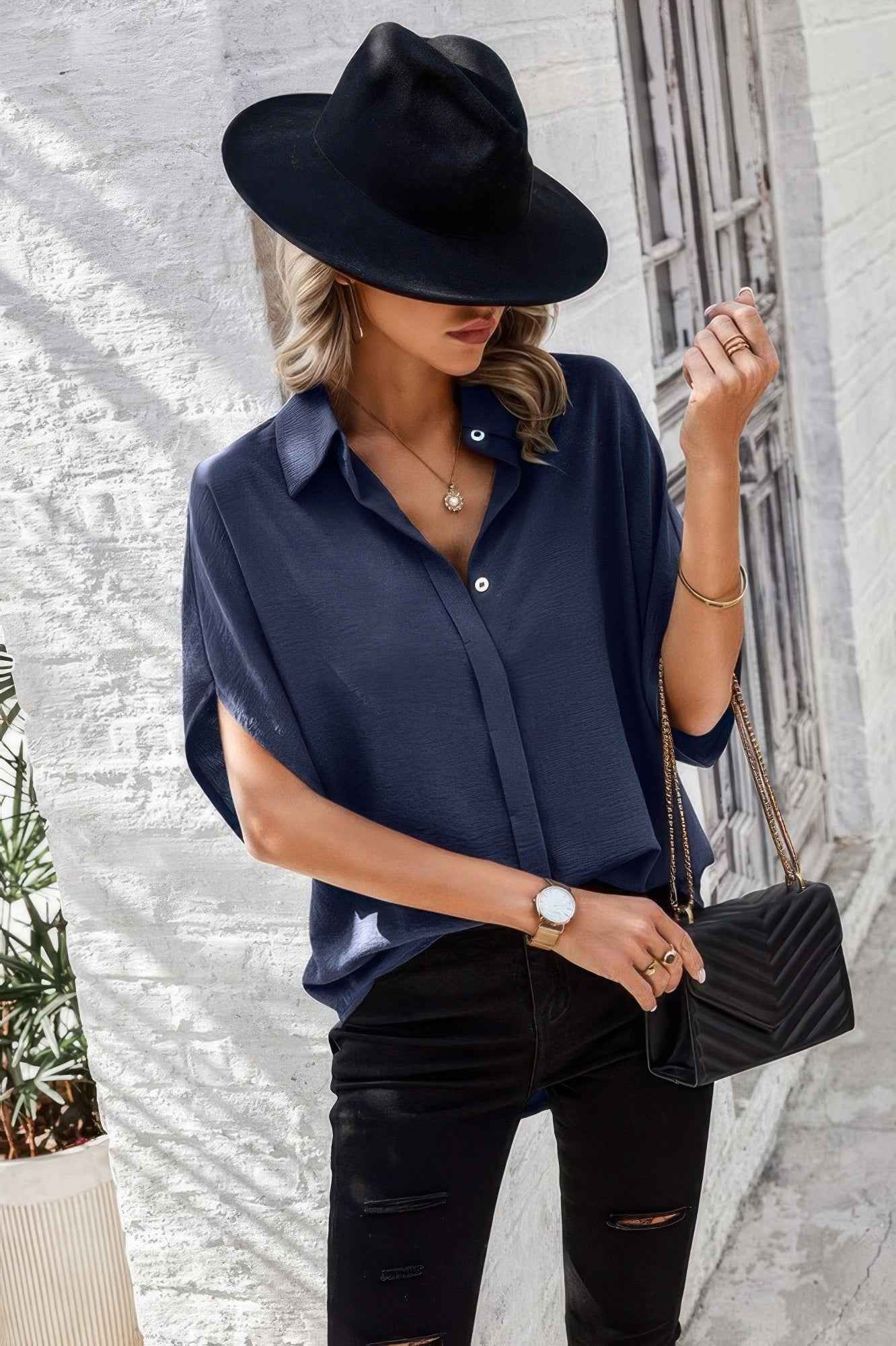Solid Front Open Button Loose Fit Blouse