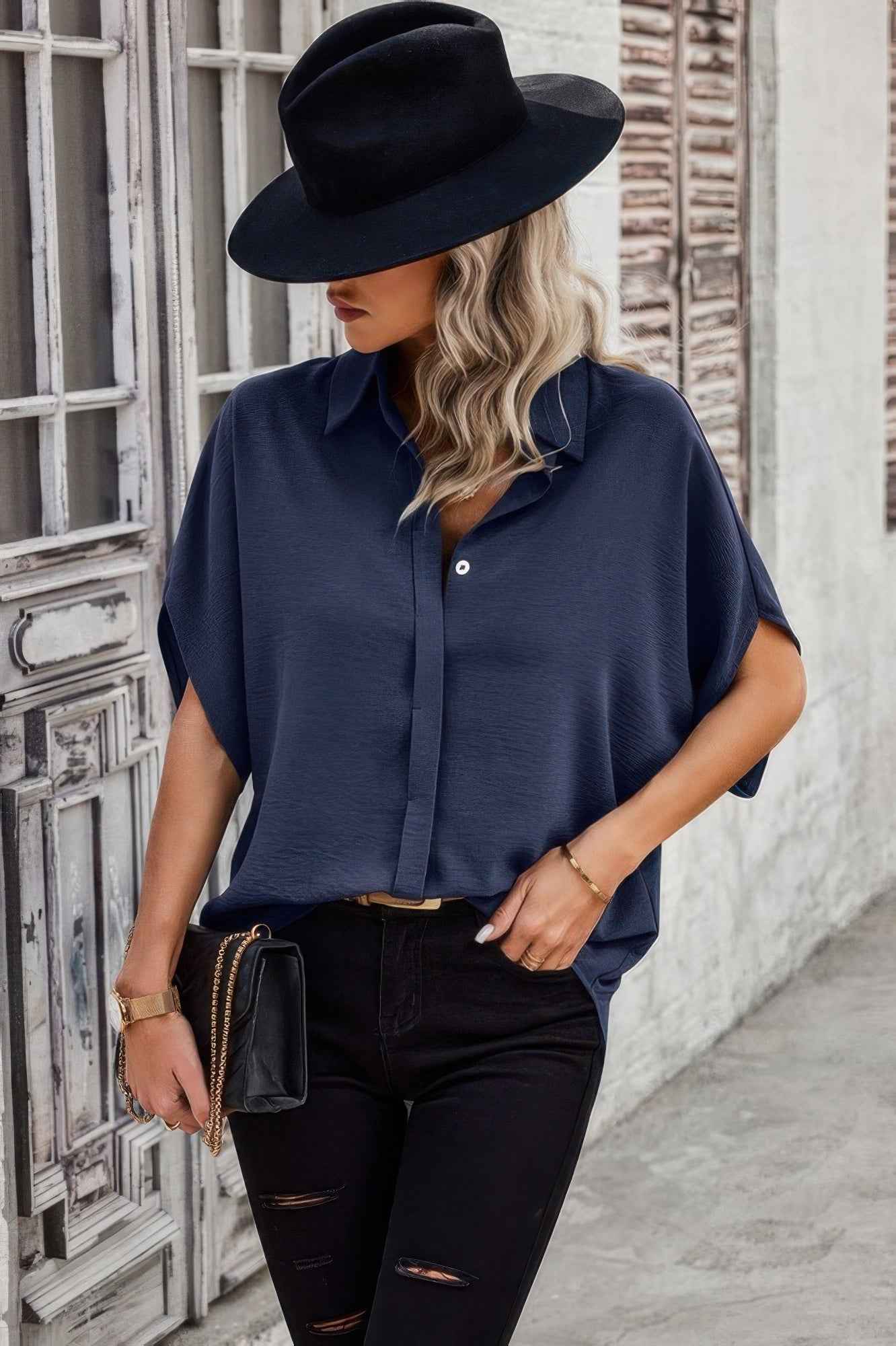 Solid Front Open Button Loose Fit Blouse