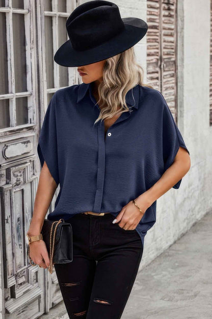 Solid Front Open Button Loose Fit Blouse