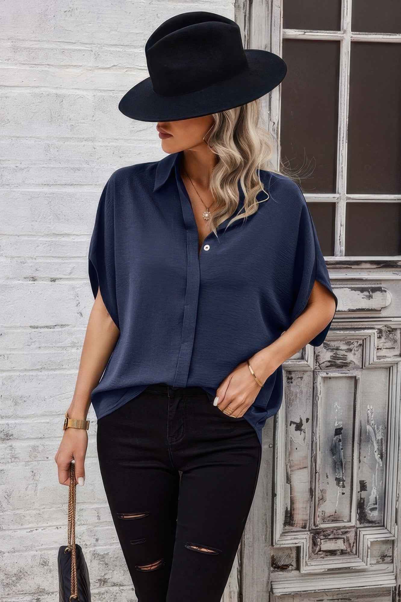 Solid Front Open Button Loose Fit Blouse