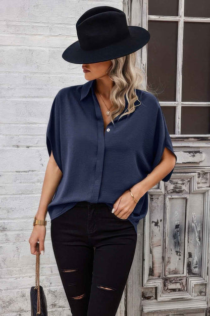 Solid Front Open Button Loose Fit Blouse