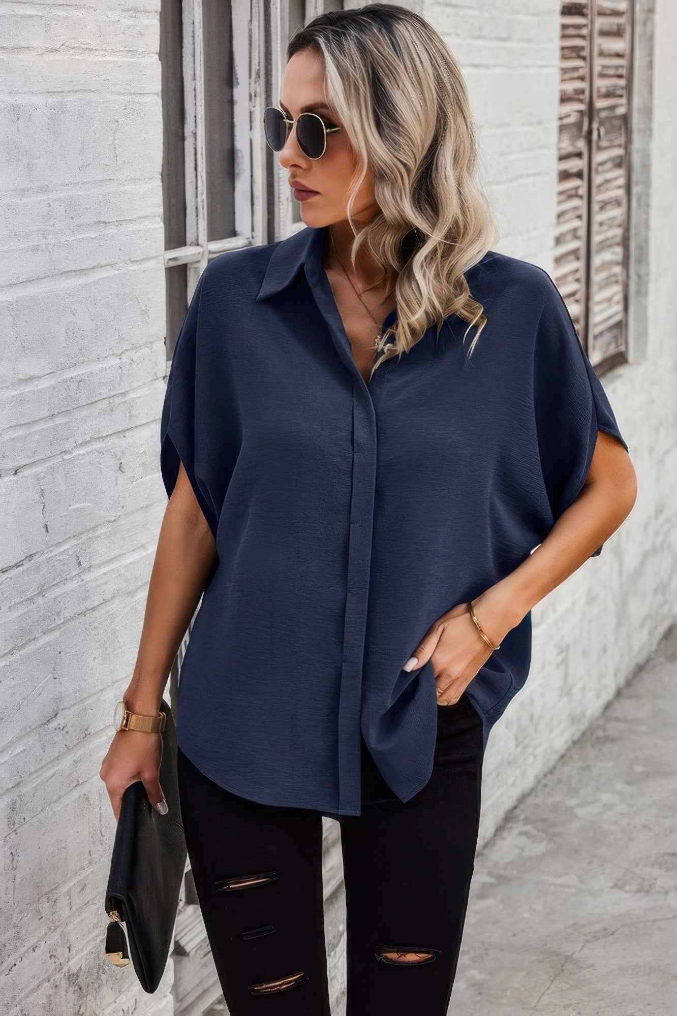 Solid Front Open Button Loose Fit Blouse