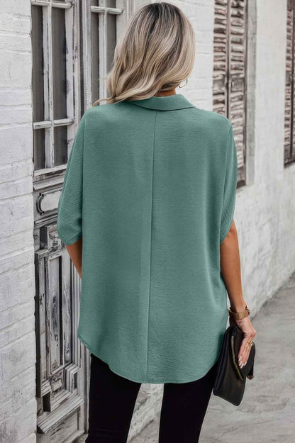 Solid Front Open Button Loose Fit Blouse