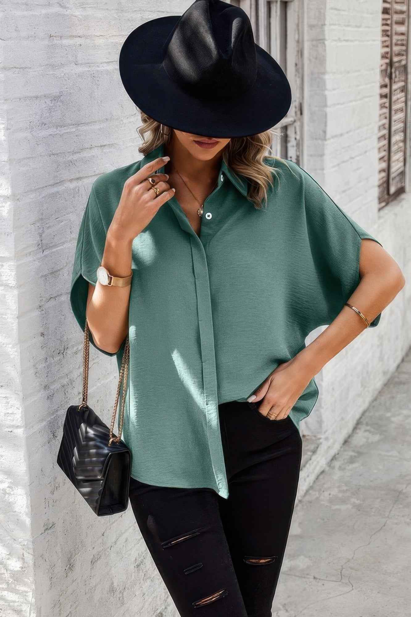Solid Front Open Button Loose Fit Blouse