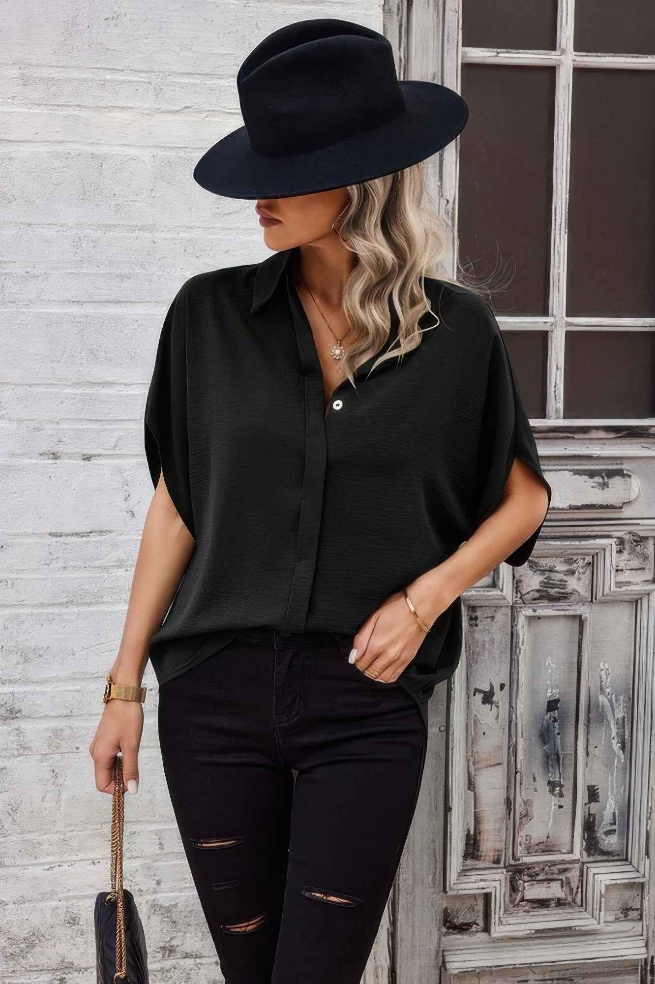 Solid Front Open Button Loose Fit Blouse