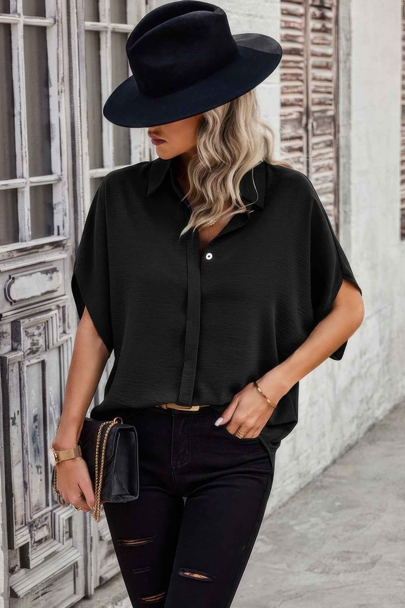 Solid Front Open Button Loose Fit Blouse