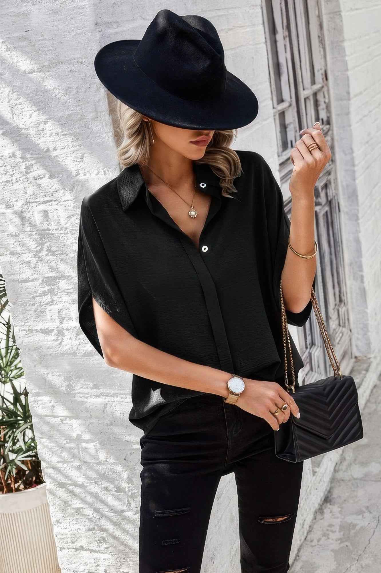 Solid Front Open Button Loose Fit Blouse