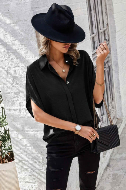 Solid Front Open Button Loose Fit Blouse