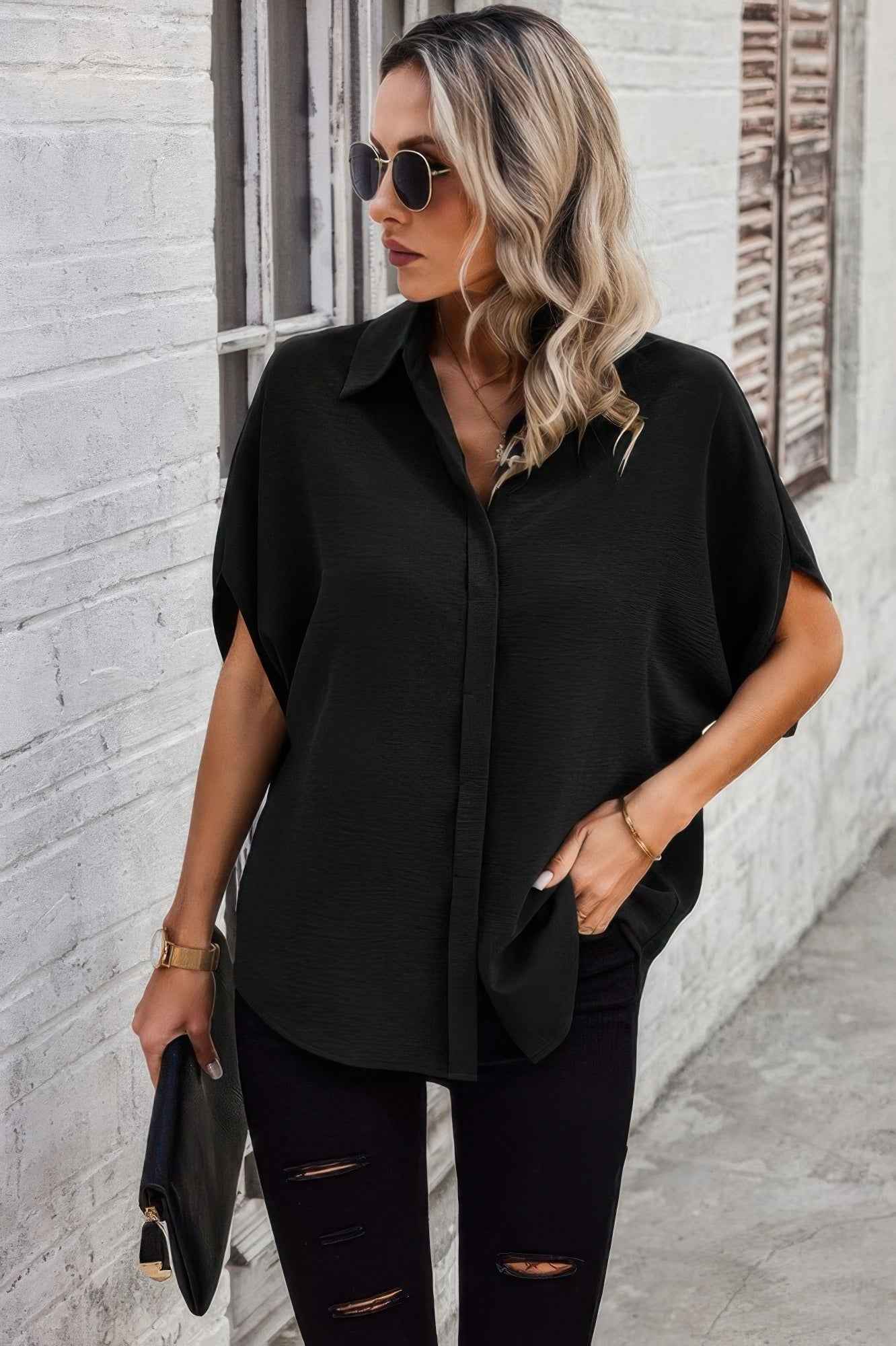 Solid Front Open Button Loose Fit Blouse