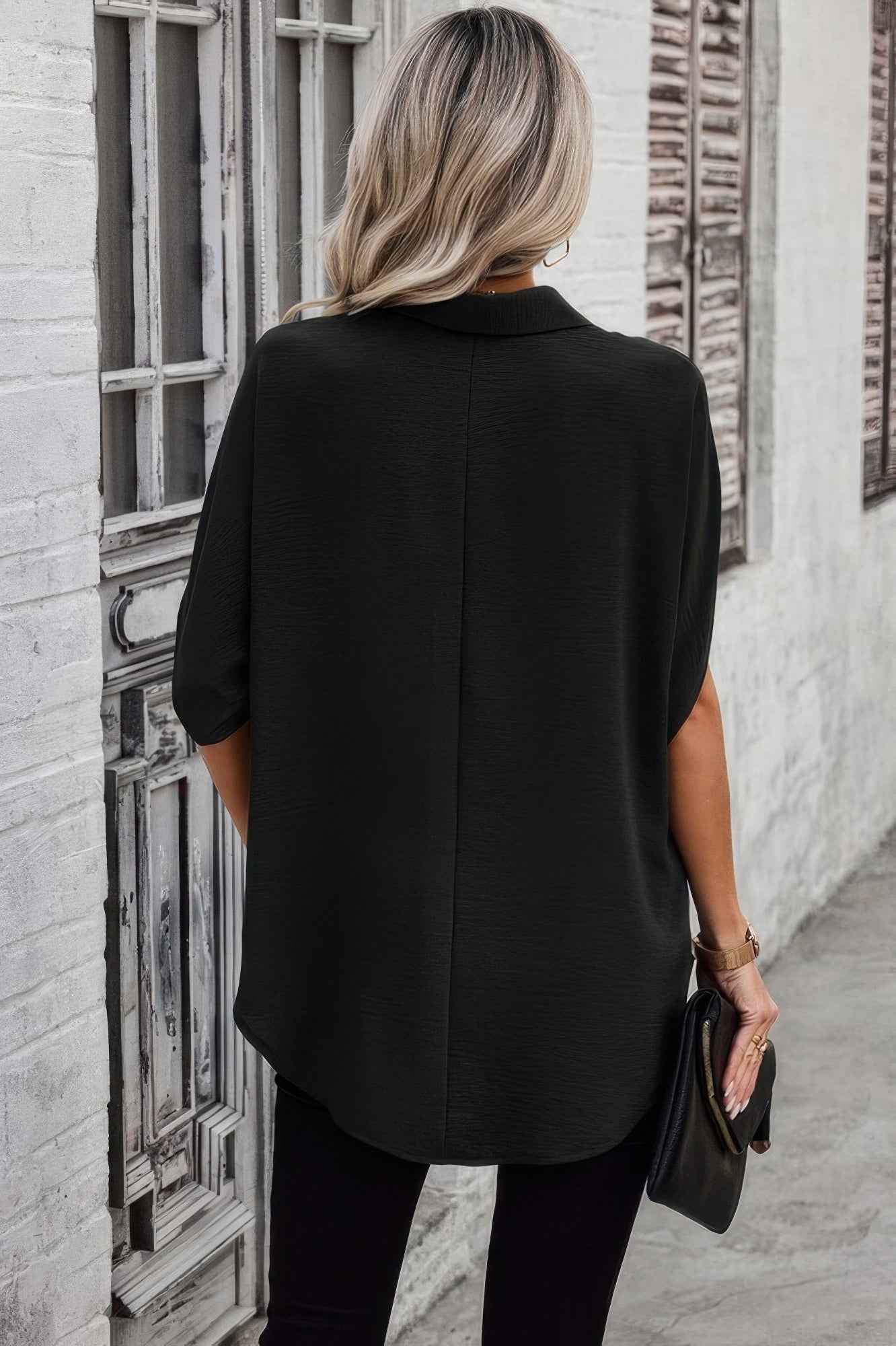 Solid Front Open Button Loose Fit Blouse