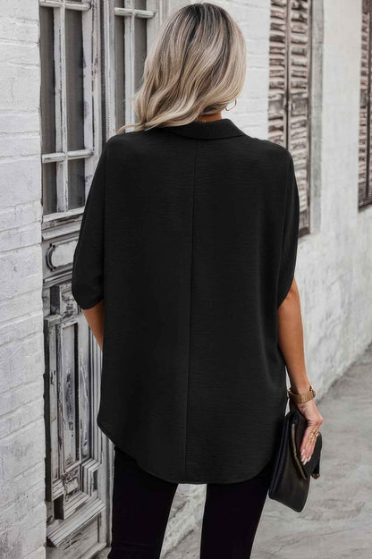 Solid Front Open Button Loose Fit Blouse