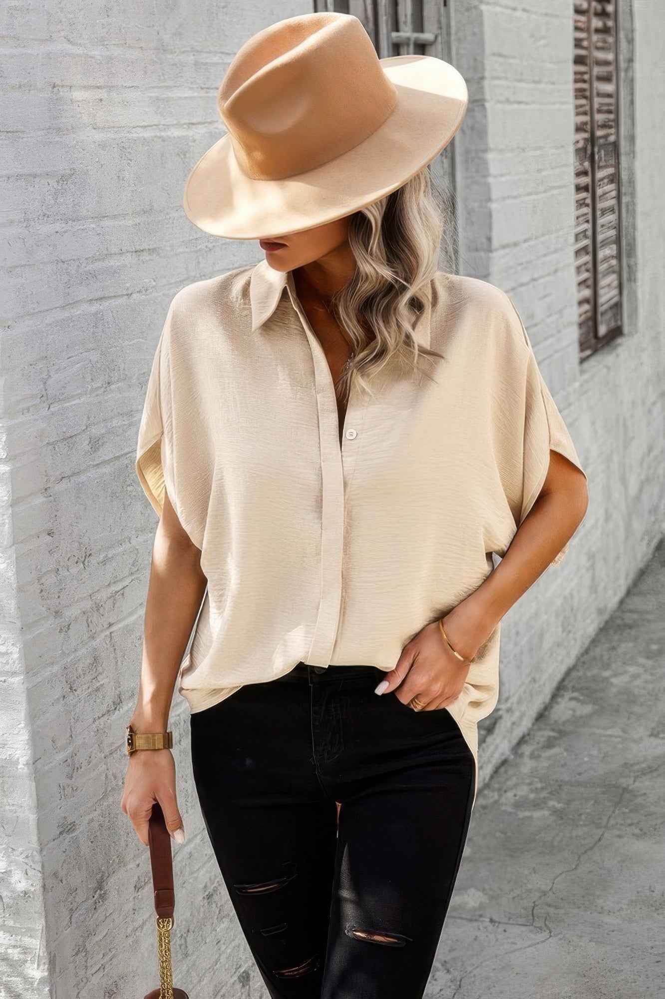 Solid Front Open Button Loose Fit Blouse