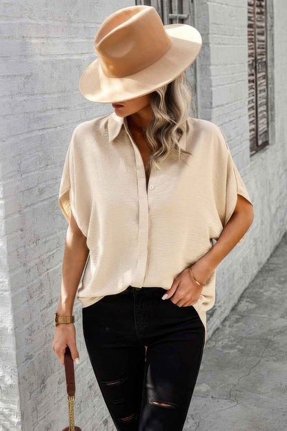 Solid Front Open Button Loose Fit Blouse