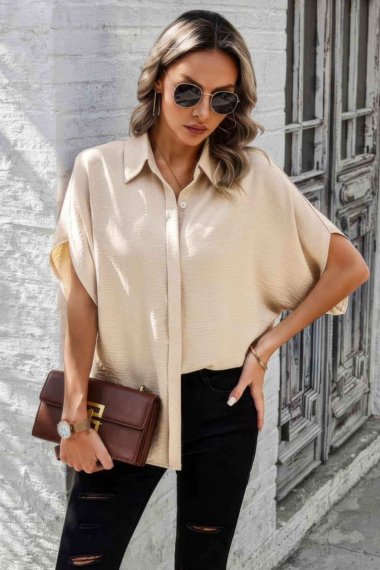 Solid Front Open Button Loose Fit Blouse