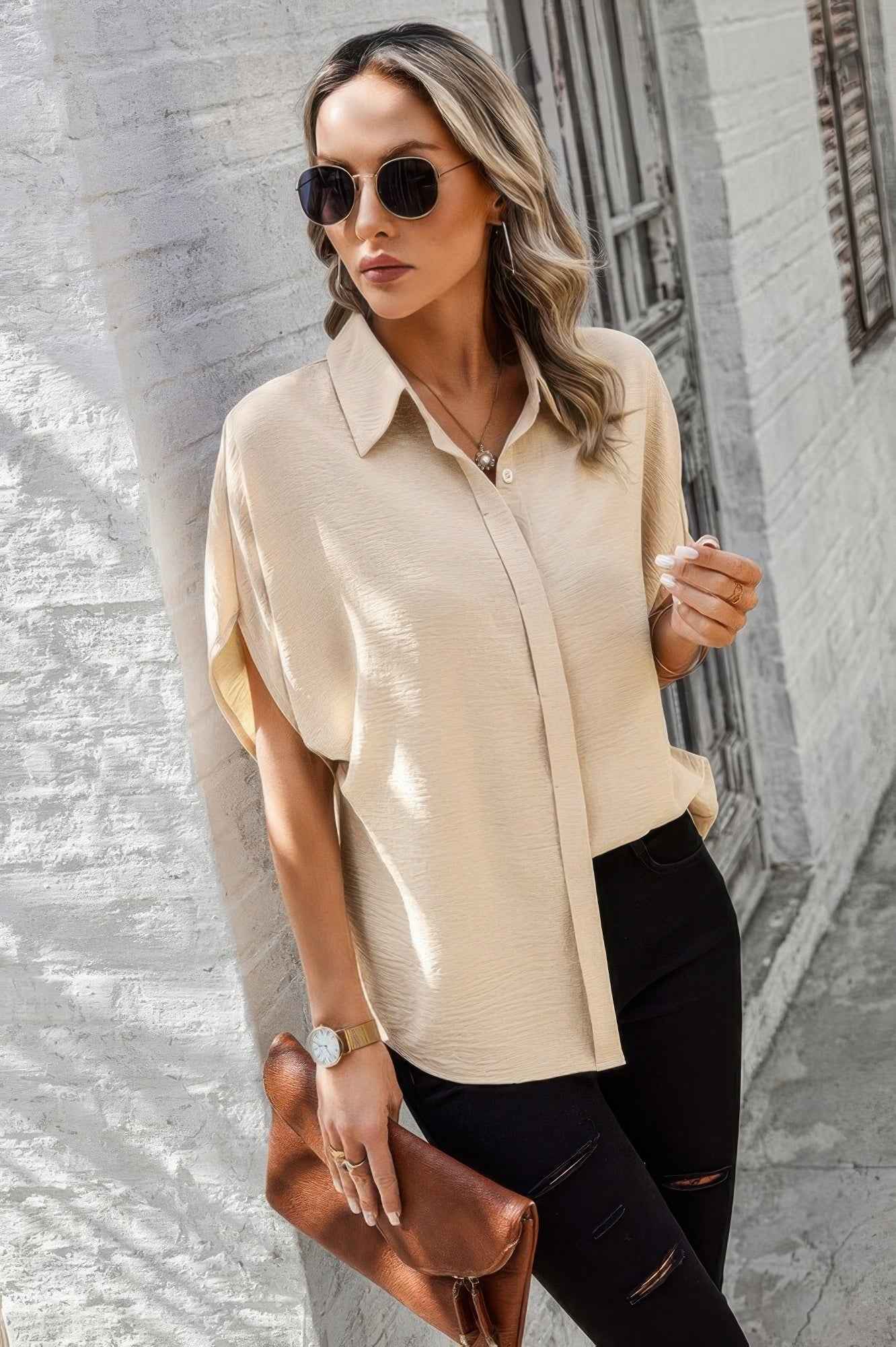 Solid Front Open Button Loose Fit Blouse