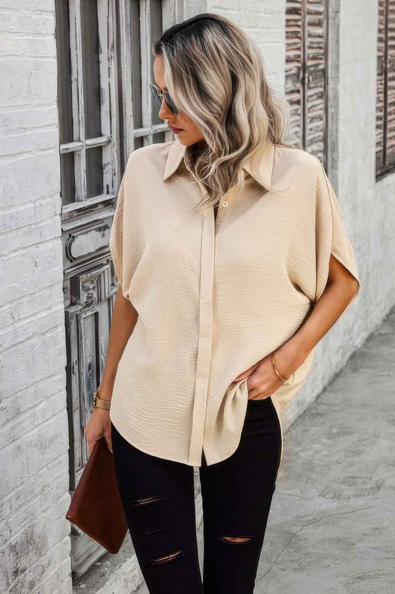 Solid Front Open Button Loose Fit Blouse