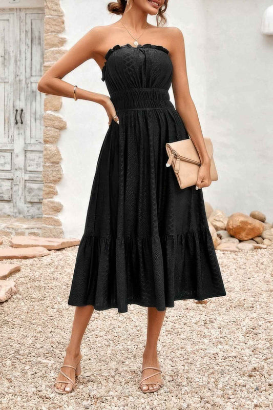 Off Shoulder Lace Trim Strapless Tube A Line Dress
