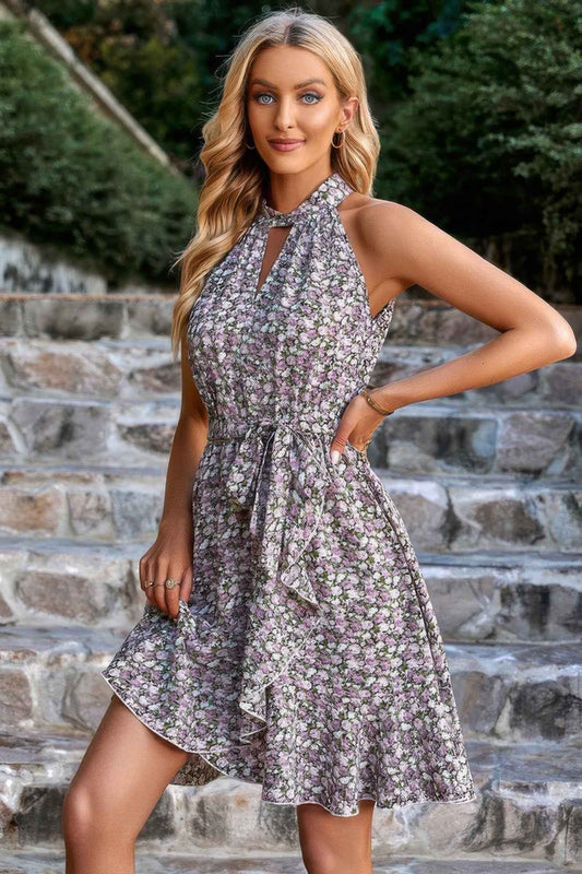 Halter Neck Sleeveless Floral Print Ruffle Dress