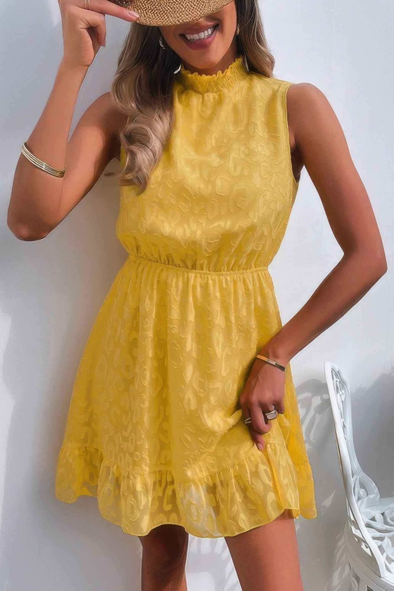 Sleeveless High Neck A Line Ruffle Hem Dress