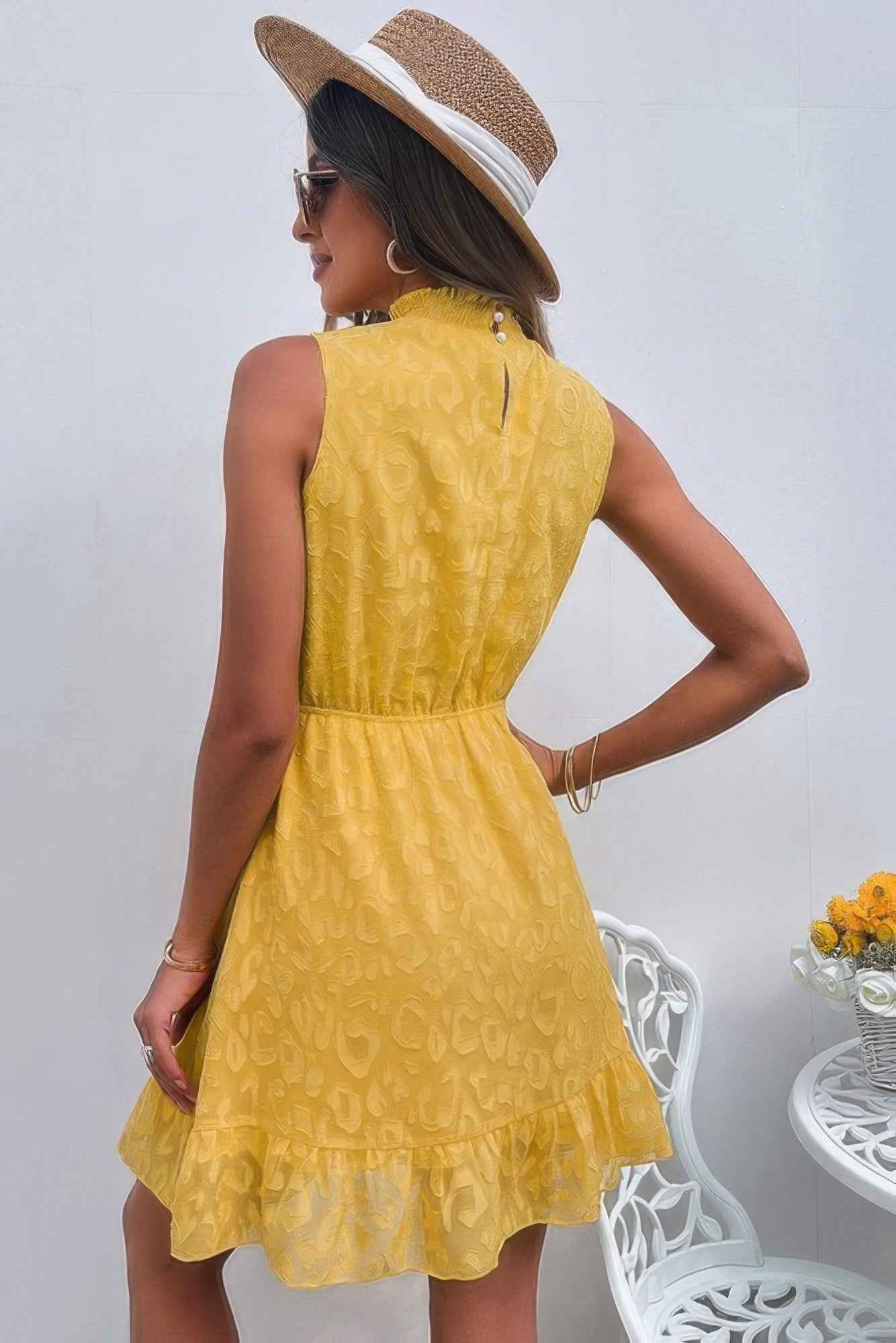 Sleeveless High Neck A Line Ruffle Hem Dress