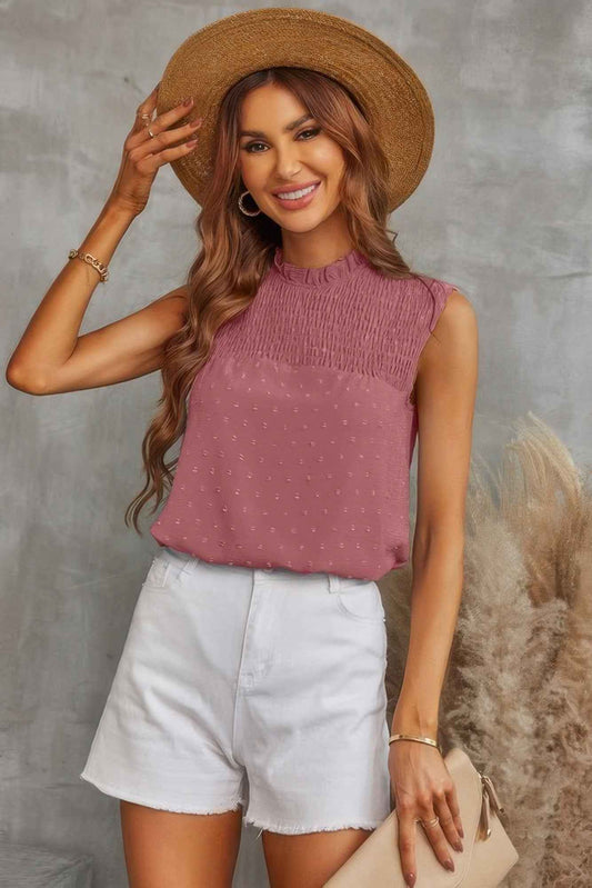 Sleeveless Swiss Dot Ruched Loose Fit Blouse