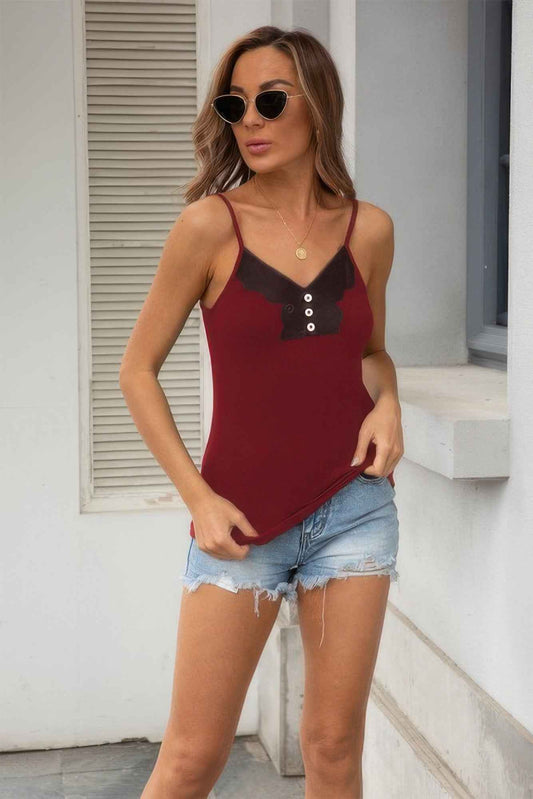 Embroidery Mesh Detail Button Cami Top